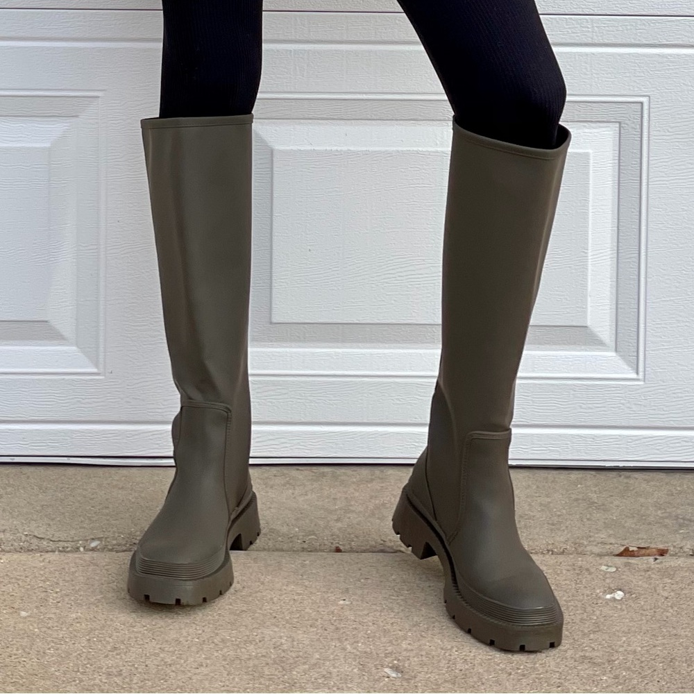 Zara Knee High Rubber Khaki Boots